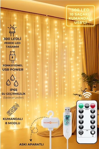 TechnoSmart Peri Telli Perde Led Işık Kumandalı 300 Ledli 3 x 3 metre Usb'li 8 Animasyonlu Günışığı Diğer