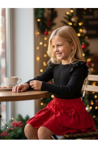 Zekids Kız Çocuk Pullu Body Kırmızı Katkat Etekli Takım-16439 Çok Renkli