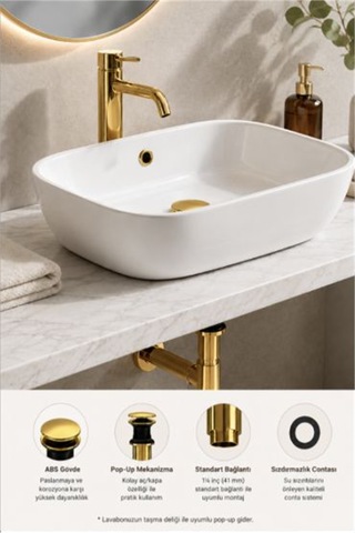 İz Yapı Felix Paslanmaz Pop-up Lavabo Gideri Taşma Delikli Altın Üniversal Sızdırmaz Somunlu Parlak Altın