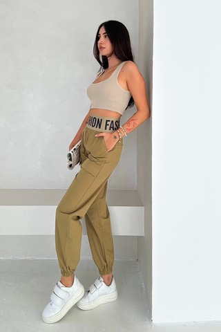 Beli Lastikli Fashion Pantolon Yeşil Yeşil