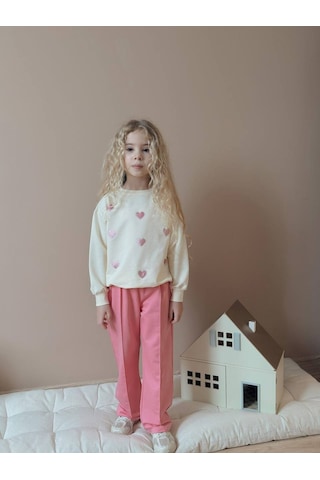 Miniko Kids Kız Çocuk Kalp Modelli Geniş Paça Pamuk Takım Pembe