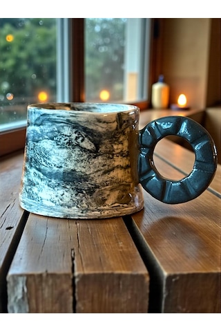 6'lı Nerikomi El Yapımı Stoneware Fincan Siyah - Beyaz