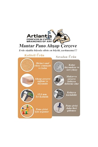 Mantar Pano Ahşap Çerçeve 60x90 Cm 1 Adet Harita Çivisi Hediyeli Duvara Monte Mantar Çerçeve Evde Okulda Büroda Ofiste 60 x 90 CM
