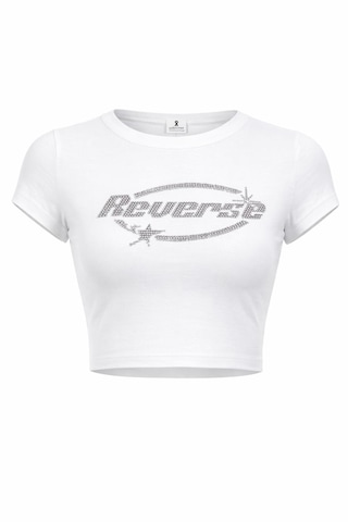 Bozzbozzcollection Kadın Reverse Taş Baskılı Crop Beyaz