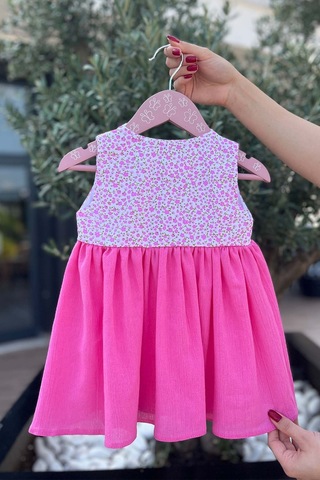 Dantel Detaylı Çiçek Desenli Kolsuz Şile Bezi Pembe Elbise 001