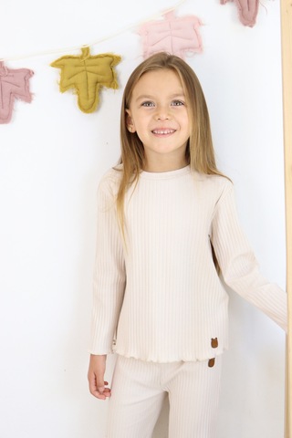 Kız Çocuk İspanyol Paça Fitilli Kumaş Pamuklu Takım Ekru