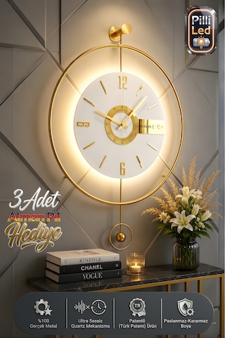 MetaQuartz Aksesuar Büyük Boy(50*75 cm)Gold Elit Three (PİLLİ LED SİSTEMİ) , Modern Dekoratif Metal Duvar Saati