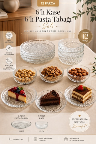 Porsima 13917-1 Aren Mozaik 12 Parça Cam Sunum Seti - 6 Kişilik Pasta Tabağı & Çerezlik Yok