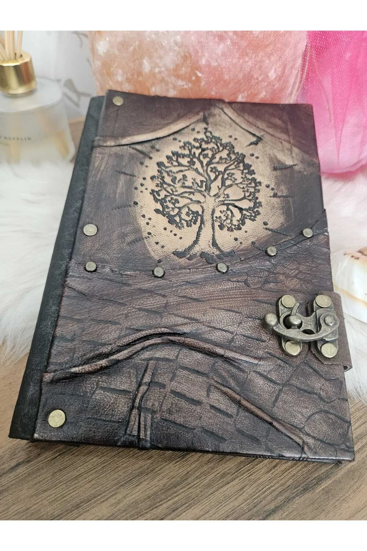 Baskılı Hayat Ağac Hakiki Deri Italyan Baskili Özel Desen El Yapımı Defter Açık Kahverengi