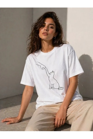Hazego Minimal Kedi Çizim Baskılı Tişört Kısa Kol Yazlık T-shirt - Beyaz