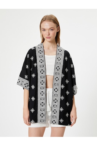Koton Viskon Kimono Nakışlı Siyah Desenli 4sal50005ıw Siyah
