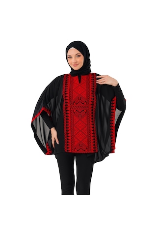 Zaytoon Bol Kollu Nakışlı Oversize Kap Banşo Kadın Kabı Freesiz C100051 Kırmızı