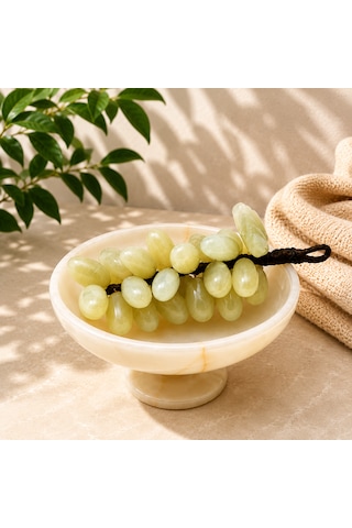 Feng Shui Bereket Üzümü Ve Van Taşı Ayaklı Çanak Seti 30 Taneli Doğal Taş Üzüm Salkımı Dekor 5 İnç El Yapımı Çanak Yeşil