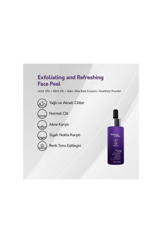 Ametist Crystal Pure Canlandırıcı Ve Cilt Tonu Eşitleyici Yüz Peelingi 30 Ml Aha 10% + Bha 2%+ Salix Alba Bark Extract+ Ametist Powder