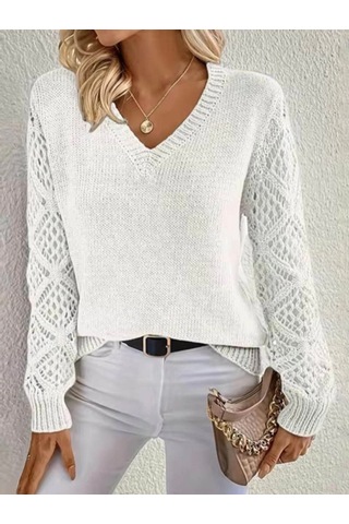 Kadın Uzun Kollu V Yaka Kol Delikli Baklava Desen Detaylı Triko Kazak Beyaz
