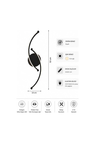 AvizeGO Bero Modern Led Duvar Apliği Günışığı Siyah