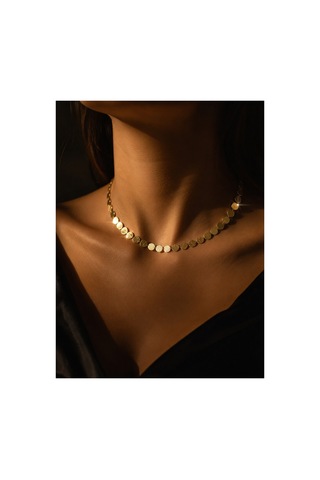 Hasır Dokulu Yuvarlak Pul Plakalı Choker 14 K Altın Kaplama Çelik Kolye