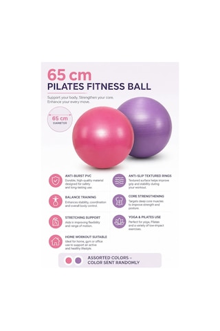 Busstier Pilates Topu 65 Cm, Denge Ve Egzersiz Çalışmaları İçin Fitness Topu, Evde Spor Ve Esneme Antrenmanlarına Uygun, Asorti Renk