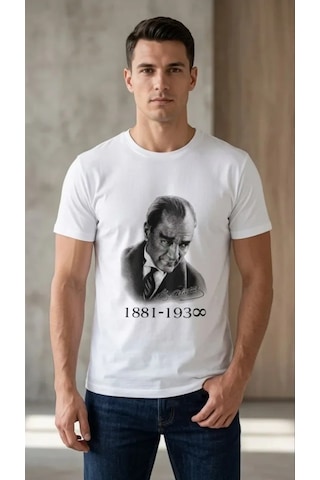 Dogutrend Erkek Atatürk Baskılı Tişört Kısa Kollu Bisiklet Yaka T-shirt - Beyaz