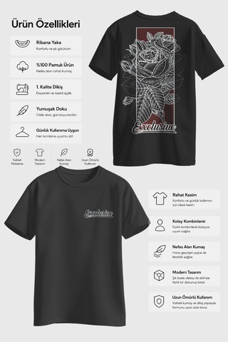 Spoyi Line Rose Tasarımlı %100 Pamuk Yarım Oversize Siyah T-shirt