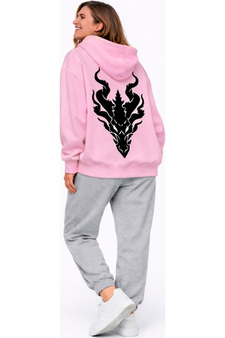 Nevermınd Unisex Ejderha Baskılı Beyaz Sevgili Kombini Oversize Hoodie Seti Pembe Pembe
