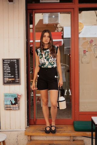 Kadın Desenli Kolsuz Bluz Frn1109 Yeşil