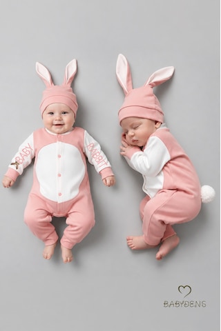 Babyden's Tavşan Kulaklı Yenidoğan Tulum Seti %100 Pamuklu Ayarlanır Ponponlu Unisex Bebek Tulum Şapka Set Pudra Pembe
