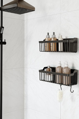 Banyo Rafı 2'li Banyo Düzenleyici Duş Rafı Kanca Askılı Organizer Şampuanlık Plastik Siyah