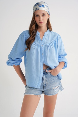 4733 Kadın Büzgü Robalı Uzun Kol Müslin Gömlek Bebe Mavi Bebe Mavi