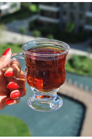 6'lı Ayaklı Cam Bardak - Kulplu Çay Kahve Bardağı 180 Ml Şeffaf