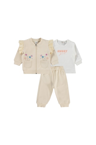 Civil Baby Çiçek Nakışlı Hırkalı 6-18 Ay Takım - Bej