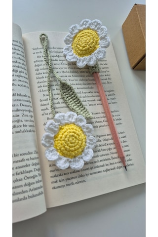 Papatya Amigurumi Set Kitap Ayracı Kalem Süsü Kalem Başlığı Hediyelik