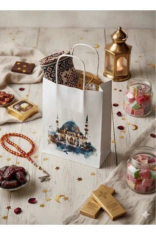 Ramazan Hediyelik Paketleme Çantası, 3lü Paket, Cami Tasarımlı Be