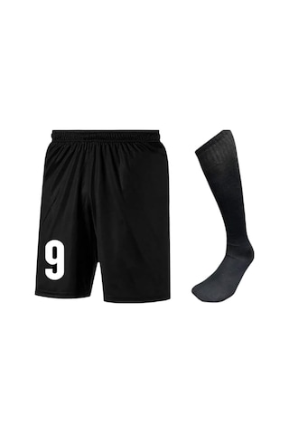 Mugees Erkek Siyah Futbol Şortu Ve Çorabı Seti - Numara Baskılı Spor Kombin 9 Numara Siyah