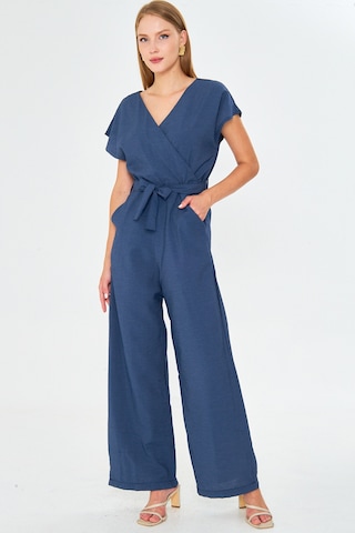 Armonika Kadın Koyu Mavi Kruvaze Yaka Sırtı V Detaylı Cepli Kuşaklı Bol Paça Tulum Arm-24y001073