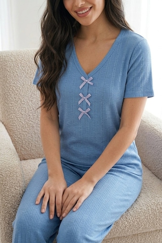 Mataş Kadın Bambu Viskon Transfer Ribana Kısa Kollu Düğmeli Biyeli Soft Örme Pijama Takımı Mavi