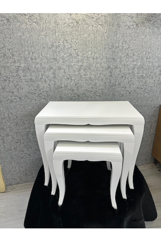 Ahşap Cilalı Beyaz Zigon Sehpa 3 Lü Set