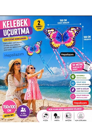 Uçurtma Kelebek Desenli Büyük 150x100cm Uçan Dış Mekan Bahçe Piknik Kız Çocuk Oyuncağı