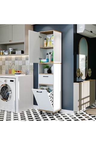 Çamaşır Sepetli Banyo Dolabı, Çok Amaçlı Dolap 45 X 200, Roomart Atlantik Çam - Beyaz