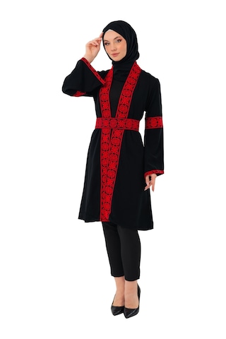 Zaytoon Filistin Kırmızı Nakışlı Siyah Filistin Kısa Kaban Abaya C100053 Kırmızı-siyah