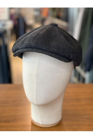 Peaky Blinders Tarz İngiliz Model Balıksırtı Desen Kaşe Kumaş Kasket Şapka Siyah