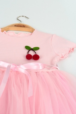 Noble Kids Kız Çocuk Kiraz Aplikeli Tül Etek Elbise Pembe