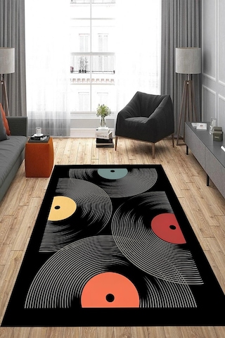 Dijital Baskılı Yıkanabilir Müzik Plak Desen Kaymaz Taban Halı Açık Gri