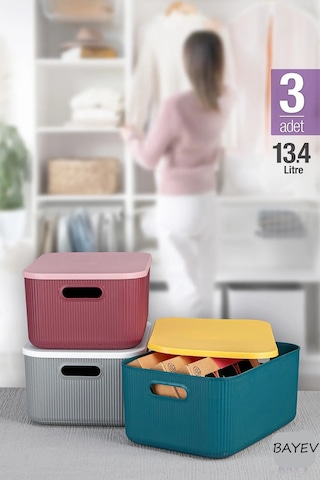 Bayev 3 Adet 13 Litre Storage Mix Dolap Düzenleyici Kapaklı Kutu - Kıyafet Çorap Saklama Kutusu Çok Renkli