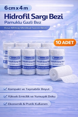 6 Cm X 4 M Hidrofil Sargı Bezi Pamuklu Gazlı Bez Kısa Metraj Medikal Sarım Bezi 10 Adet