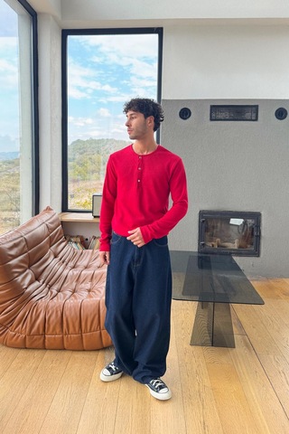 Çıt Çıtlı Oversize Uzun Kol Tişört Kırmızı Kırmızı