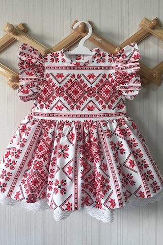 Fırfır Detaylı Etnik Desenli Poplin Kırmızı Beyaz Kız Çocuk Bebek Elbise 001