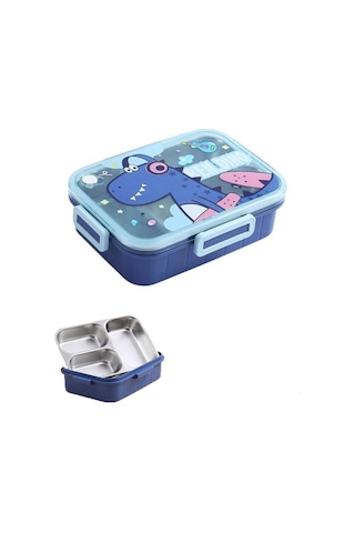 Vagonlife Bento 750ml Lunchbox Sevimli Dostlar Tek Katlı 3 Bölmeli Paslanmaz Çelik Sefer Tası Yemek Kutusu Mavi Dinozor Çok Renkli