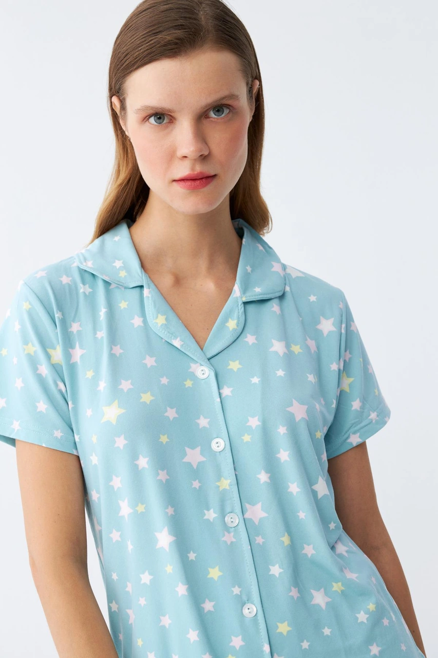 Akbeniz Kadın Buz Mavisi Yıldız Desenli Önden Düğmeli Pijama Takımı Buz Mavisi