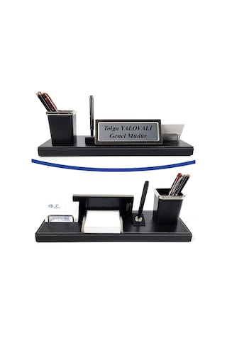 Akdeniz Siyah Deri Ofis Masa Üstü İsimlik Seti - Masa İsimliği